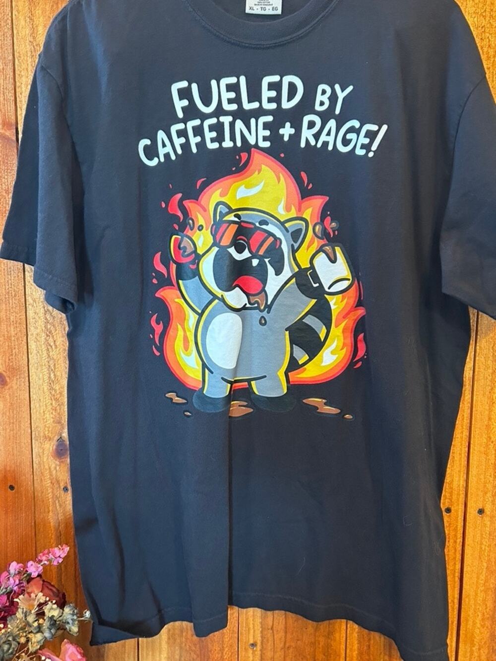 Comfort Colors Mens Fueled By Caffeine + Rage Graphic Black T-Shirt Cotton EUC